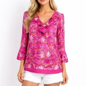 TORY BURCH Woman's Tunic Blouse Geometric Print Silk Blend 3/4 Sleeve Size 8